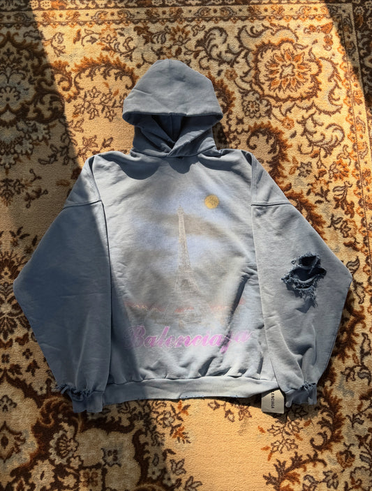 Balenciaga Paris Moon distressed hoodie blue