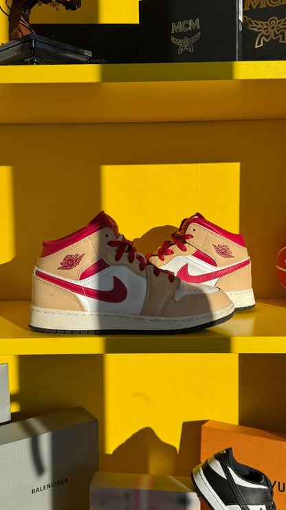 Jordan 1 mid light curry cardinal
