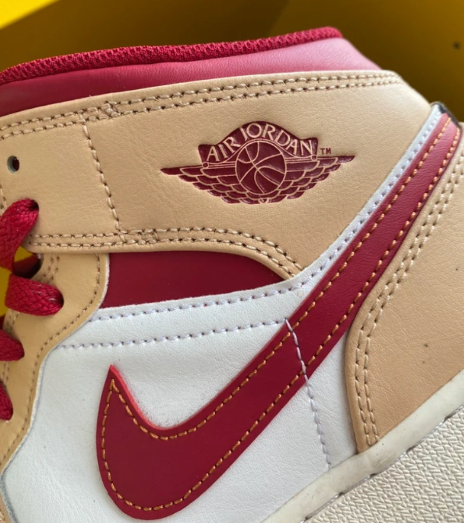 Jordan 1 mid light curry cardinal
